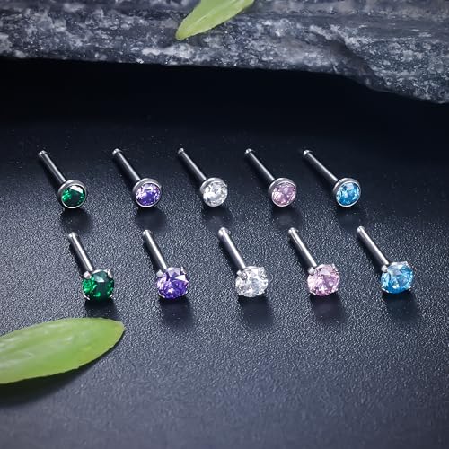 ASTM F136 Titanium Nose Rings 18G 20G 22G Jeweled Mix Color CZ Nose Studs Ring Screw L-Shaped Bone Hypoallergenic Nostril Body Piercing Jewelry for Women 1.5mm 2mm 2.5mm 3mm 10PCS - style: Bone:22G(0.6mm)-2.5mm CZ