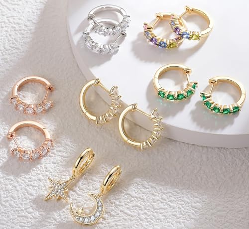 Evabelle Gold Hoop Earrings for Women 14K Real Gold Plated Cubic Zirconia Diamond Hoop Earrings Huggie Hoop Earring Women Earrings Earring for Men 925 Sterling Silver Post Hypoallergenic - color: Hoops 05-Emerald-14K Gold Plated