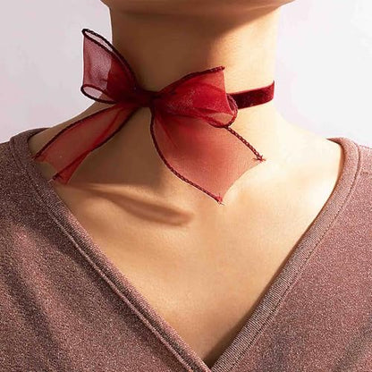 Boho Bow Lace Choker Necklaces Bow Ribbon Necklace Lace Bowknot Necklaces White Velvet Collar Necklace Big Bowtie Choker Cosplay Costume Christmas Halloween Jewelry for Women - color: Red