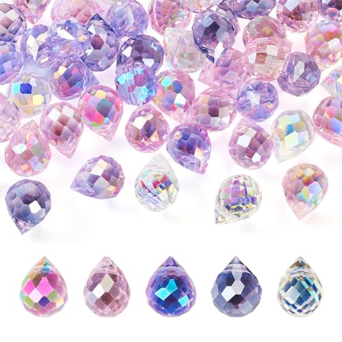 50Pcs Faceted Glass Teardrop Beads Electroplated Crystal Glass Beads 10x8mm 5 Colors for DIY Jewelry Making Necklace Bracelet Earring - color: Pink Purple