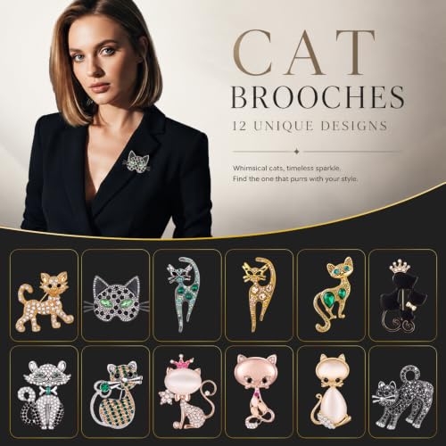 12 Pcs Women Brooches Bulk Vintage Rhinestone Pin Set - style: Cat
