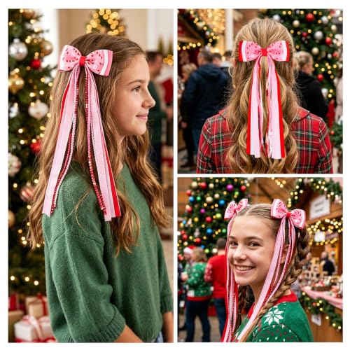 2PCS Christmas Long Streamer Hair Bow Clips, 3.54 Inch Grosgrain Ribbon Bow | Red and White Sequin, Candy Cane Pattern, Lined Alligator Clips XMAS Hair Accessories for Ponytail Styling - color: Red Candy Cane
