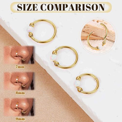 4PCS 18G 20G Surgical Steel Nose Ring Hoop for Women Men Hinged Double Nose Hoop CZ Opal Clicker Septum Nose Hoops Cartilage Conch Tragus Rook Ring Lip Daith Piercing Jewelry Gold Silver 7-9MM - color: Gold, size: 18G-7mm (Relatively Small)