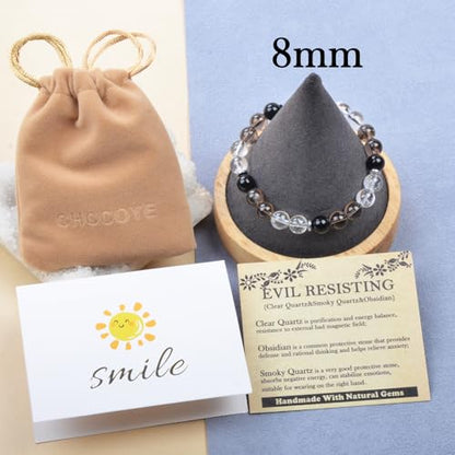 468Handmade Adjustable Natural Gemstone Crystal Bracelet Healing Power Energy Inspirational Gifts with Card for Unisex - color: 19-EVIL RESISTING(Clear Quartz&Smoky Quartz&Obsidian), size: 8mm
