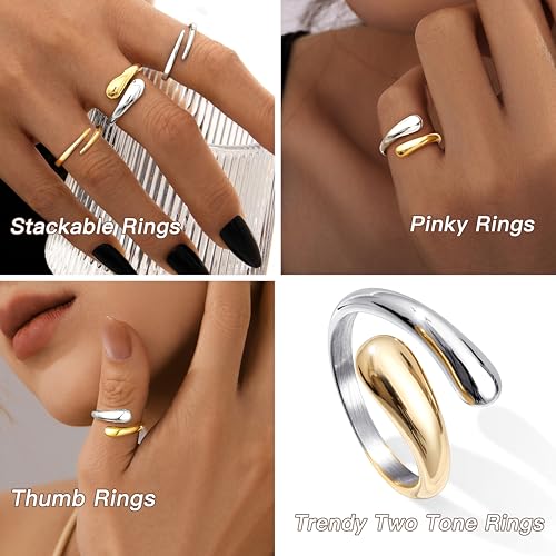 Non Tarnish Gold Chunky Rings for Women, 14K Gold Plated Statement Dome Rings Stacking Silver, Adjustable Mens Eternity Wedding Band Mixed Metal Jewelry Size 3-13 - color: Silver & Gold, size: 7, style: Open Twist Band
