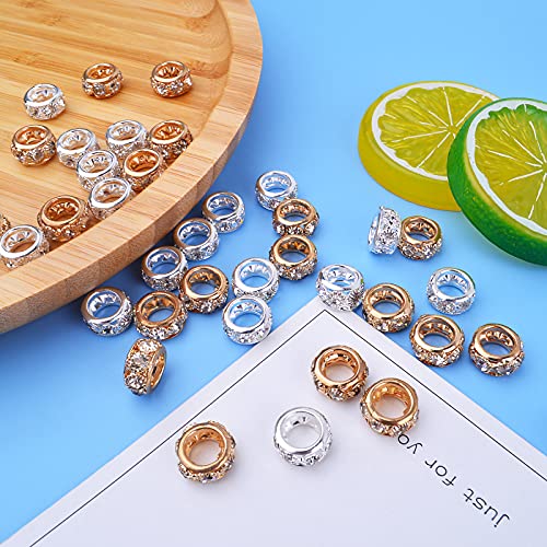 BronaGrand Large Hole Spacer Beads, 40pcs 12 mm Crystal Rhinestone European Beads Brass Rondelle Charm Spacers Loose Beads Crafts Supplies for DIY Snake Chain Bracelets Jewelry Making, Gold, Silver - color: Gold&Silver, size: 12MM