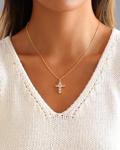 Cross Necklace for Women, 14K Gold Plated Cubic Zirconia Cross Pendant Necklace, Trendy Christian Jewelry Gifts for Baptism First Communion Christmas - color: Style D - Gold
