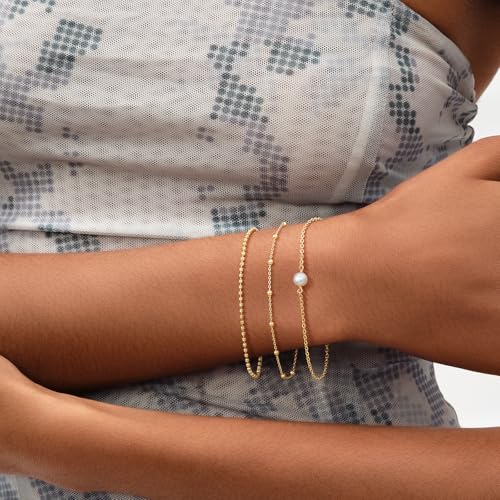 MEVECCO Dainty Chain Bracelets for Women, Layered and Charm Styles | 14K Gold Plated Brass, Select Cubic Zirconia Accents, Single and Multi-Row Structures for Refined Everyday Wristwear - style: Pearl
