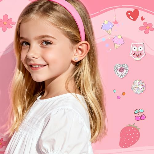 10Pairs Hypoallergenic Screw Back Earrings for Women Girls Stainless Steel | CZ Heart Butterfly Ball Stud Earrings Multicolored Cat Rainbow Screwback Stud Earrings Set Over 3 Years Old - style: flower earrings