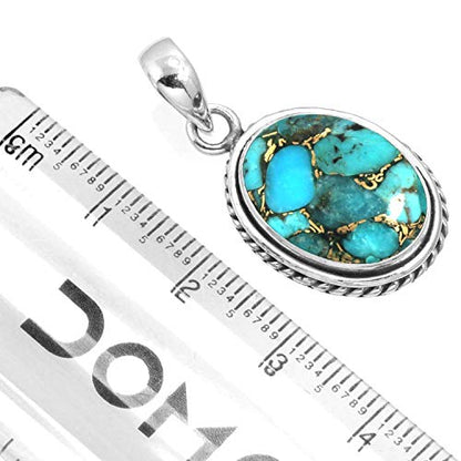 Chunky Natural Gemstone Pendant Necklace For Women Onyx, Turquoise, Amber, Garnet Oval Boho Genuine 925 Sterling Silver Handmade Jewelry - color: Copper Blue Turquoise