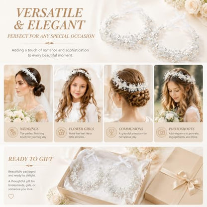 2 Pcs Flower Girl Headpiece, Silver Pearl Rhinestone Flower Hair Accessories Princess Headband for Bridal Wedding First Communion (slive) - color: slive
