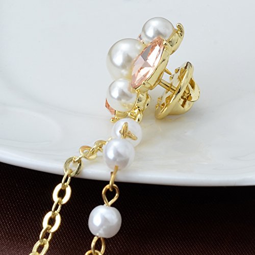 Champagne Tone Crystal Pearl Daisy Flower Brooches Pins with Pearl Chain Tassel Sweater Guard Clip Pin
