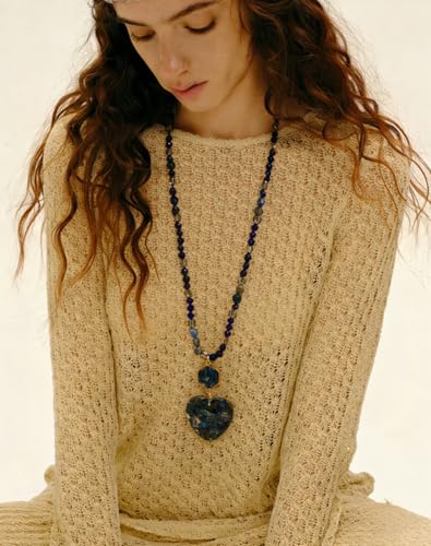 Yomisa Long Necklaces for Women Trendy, 33/34/35 inch | Boho Beaded Necklaces for Women, Natural Stone Pendant, Handmade Knotted Bead, Bohemian Holiday Summer Western Charm Jewelry - color: Love-Lapis Lazuli