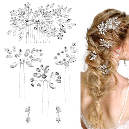 6 Pieces Crystal Bride Hair Accessories and Earrings.Sliver Wedding Hair Pins with Rhinestones for Bride Bridesmaids Women Girls. - color: Style5