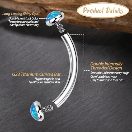 GAGABODY G23 Titanium Eyebrow Piercing Jewelry Curved Barbell Lip Ring | Internal Thread Used in Eyebrow,Belly,Rook 16 Gauge from 6mm to 12mm Lightweight Daily for Woman and Man Sensitive Skin - color: 1Pc-Disc Shape Silver+Blue Opal, size: 16G-12mm
