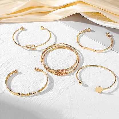 Golden Bangle Bracelets Set for Women, 14k Gold-Plated Multi Layer Stackable Cuff Bracelets, Personalized Boho Non Tarnish Adjustable Bangle Jewelry Gift for Her - color: 5PCS Unlimited