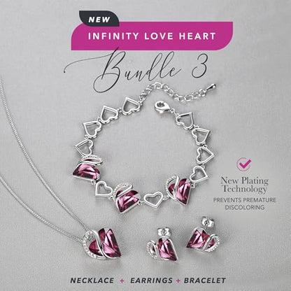 Leafael Necklace Gift Set for Women, Infinity Love Birthstone Heart Pendant with Matching Earrings and Bracelet, for Mom and Wife, Silver Plated - color: 02a-Set-February-Amethyst Pink