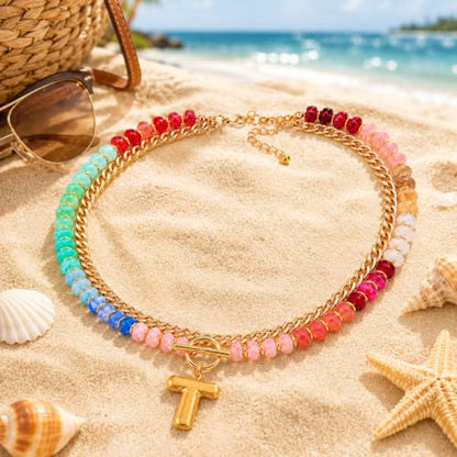 Colorful Beaded Bubble Letter Necklace For Women, Boho Double Layer Dopamine Rainbow Resin Beads Thick Cuban Chain Chunky With Initials Pendant Necklaces Summer Beach Jewelry Gift ﻿ - color: Dop T