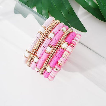 Summer Surfer Heishi Bracelet Set for Women Stackable Gold Plated Clay Ploymer Bead Stretch Pink Beach Layering Bracelets Jewelry - color: A-pink&gold set