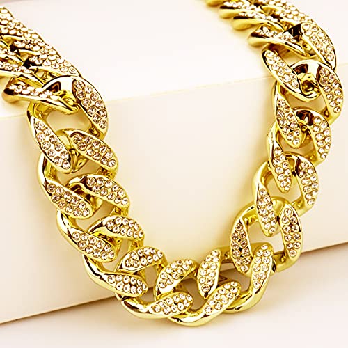 Plastic Shiny CZ Rhinestone Curb Cuban Link Chain Gold Silver Miami Hip Hop Chain Bling Diamond-Cut Chunky Turnover Necklace 80s 90s Costume Accessory for Men Women Unisex - color: Gold