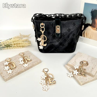Floral Series Initial Bag Charm, Cute Flower & Bubble Letter Purse Charms, Keychain Accessories Gift for Women - color: White Flower, style: L