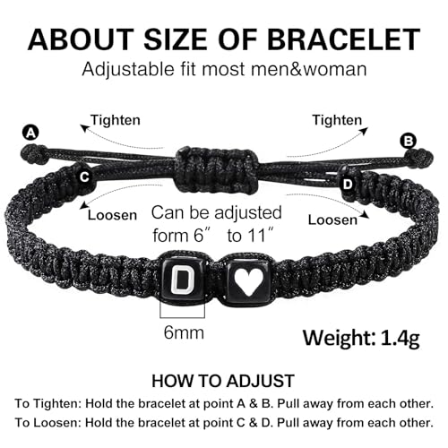 Valentines Day Gifts for Him Her Heart Love Letter Initial Matching Couple Bracelets for Women Men Teen Gifts Best Friend Graduation Birthday Gifts A-Z Braided Bracelet Son Daughter Dad Jewelry - color: Black-D