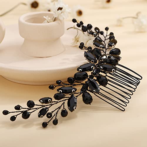 Teyglen Bride Wedding Crystal Hair Comb - Rhinestone Hair Pieces Handmade Full Black Red Blue Crystal Hair Side Comb Shiny Headpieces for Women Girls - color: Black