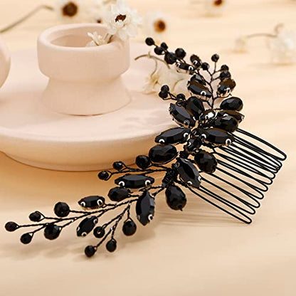 Teyglen Bride Wedding Crystal Hair Comb - Rhinestone Hair Pieces Handmade Full Black Red Blue Crystal Hair Side Comb Shiny Headpieces for Women Girls - color: Black