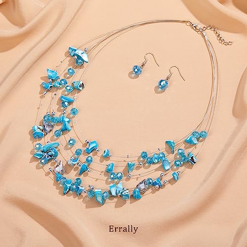 Multi-Layer Boho Shell Beaded Necklace for Women Colorful Crystal Strand with Silver Beads Statement Collars Necklace and Earrings Costumes Jewelry Sets for Women - color: 45-Turquoise