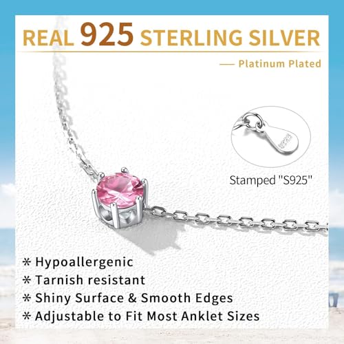 ChicSilver 925 Sterling Silver Anklets for Women, Simple Dainty Round/Heart Birthstone Ankle Bracelet Beach Foot Jewelry, 8.7-10.7 Inch Adjustable - color: 10. Round - October(Tourmaline)