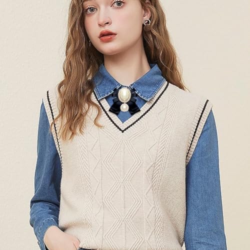 FASELE Bow Brooch Pre-Tied Neck Tie Pearl Brooch Pin Striped Bow Tie for Women Wedding Party Bow Tie - color: Black/Adjustable