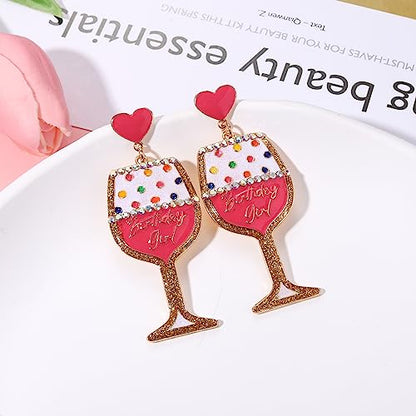 Birthday Earrings for Women Happy Birthdays Earrings Statement Cake Champagne Bottle Earring Happy Birthdays Dangle Earring Birthday Gifts Party Favors - color: Wine Glass
