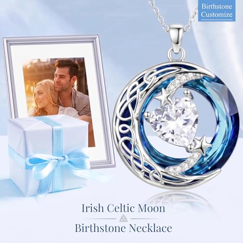 Birthstone Necklace for Women Crystal Moon and Star Pendant White Gold Celtic Moon Jewelry Birthday Graduation Gifts for Wife Her - style: Moon-4