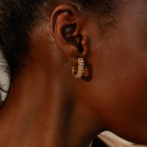 Green Crystal huggie gold hoop earrings for women Girls,14K Gold Plated with 925 Sterling Silver Post color Cubic Zirconia dainty cute Earrings| CZ Stud Earring - color: White stone