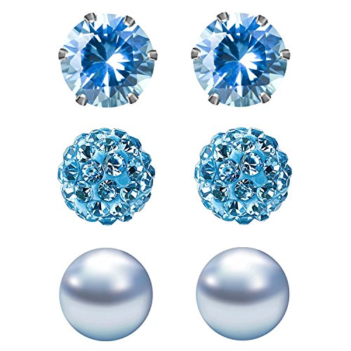 JewelrieShop Birthstone Studs Earring Set Cubic Zirconia Rhinestones Crystal Ball Faux Pearl Stainless Steel Stud Earrings for Women Jewelry Gift (6mm Round,3 Pairs) - color: 3) Mar. - Light Blue
