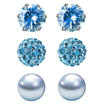 JewelrieShop Birthstone Studs Earring Set Cubic Zirconia Rhinestones Crystal Ball Faux Pearl Stainless Steel Stud Earrings for Women Jewelry Gift (6mm Round,3 Pairs) - color: 3) Mar. - Light Blue