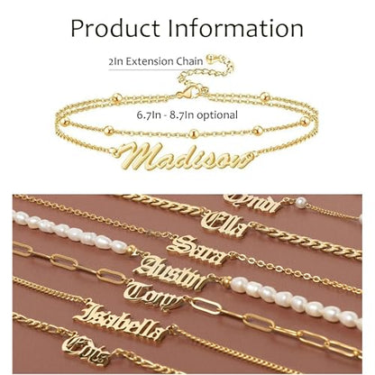 Custom Ankle for Women for Women 18K Gold Plated Adjustable Name Anklet Customized Beach Anklet Gifts - color: Name Anklet with Bead Chain