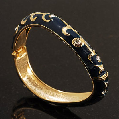 Avalaya Navy Blue Enamel Curvy Crystal Hinged Bangle (Gold Tone Finish)