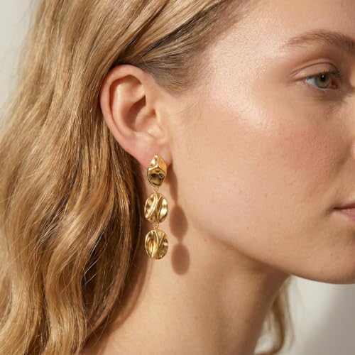 Gold Dangle Earrings for Women,Chunky 14K Gold Plated Drop Dangle Stud Earrings Long Statement Hammered Earring Hypoallergenic Jewelry for Women Gifts - style: Irregular Hammered-GD