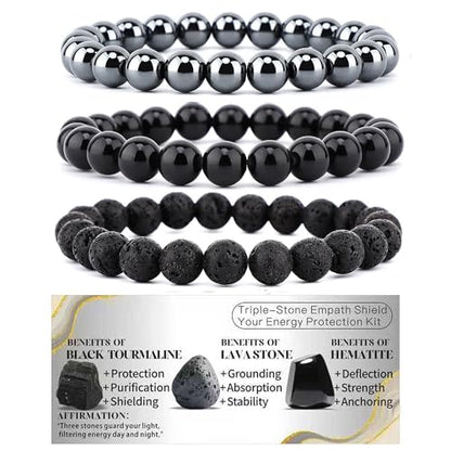 4mm 6mm 8mm Healing Crystal Bracelets for Women Men Natural Stone Beaded Stretch Bracelet Handmade Gemstone Reiki Spiritual Jewelry Gifts - color: Tourmaline+Lava+Hematite-Empath Protection, size: 8mm
