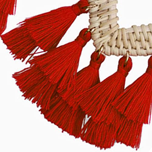 Bohemia Tassel Earrings Statement Handmade Dangle Ethnic Fringe Earrings Bamboo Weaving Geometric Square Sector Gifts for Women - color: D red