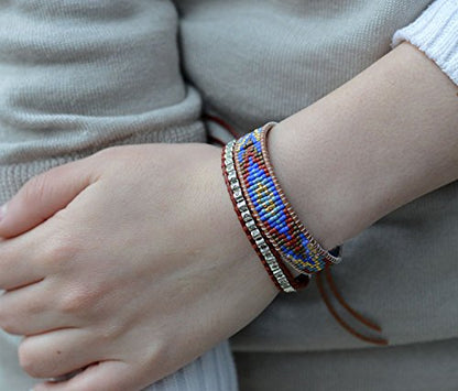 KELITCH Women Pearls Friendship Bracelets Handmade Blue Seed Bead Leather Wrap Bracelet Fashion Jewelry - color: E
