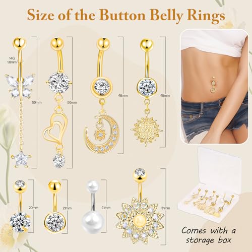 Lucomb Belly Rings for Women, 14G Belly Button Rings for Women Stainless Steel Dangle Belly Piercings Jewelry Rings with Hear Moon Butterfly Flowers - color: Gold