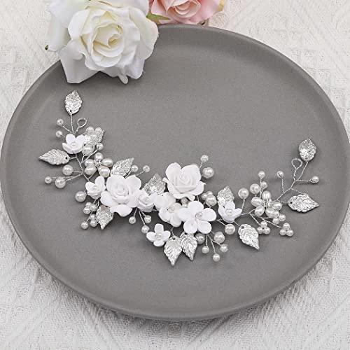 Flower Bride Wedding Hair Vine Pearl Bridal Hair Piece Leaf Hair Accessories Rhinestone Headband for Women (9inches) (Silver) - color: Silver