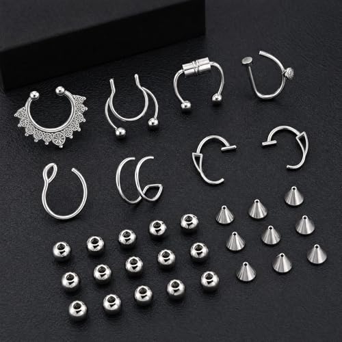 Fake Piercing Body Jewelry, Eyebrow Ring Fake Lip Labret Studs Replacement Balls Spike with Face Gems, y2k Accessories Nose Stick on Silver Belly Button Sticker for Women Men