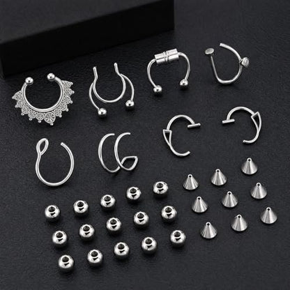 Fake Piercing Body Jewelry, Eyebrow Ring Fake Lip Labret Studs Replacement Balls Spike with Face Gems, y2k Accessories Nose Stick on Silver Belly Button Sticker for Women Men