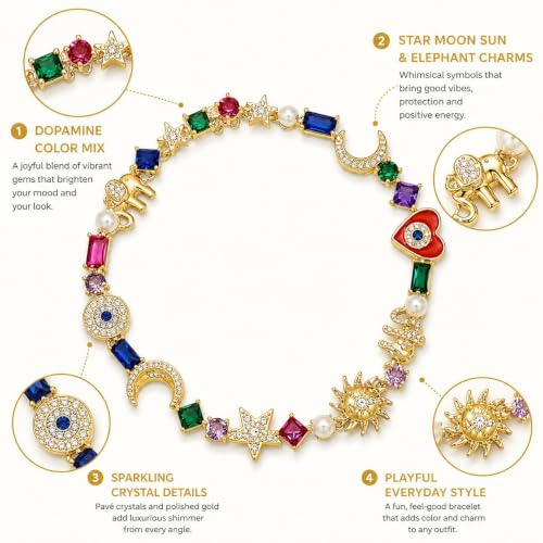 Sun and Moon Bracelets for Women Gold Charm Bracelet Star Heart Elephant Colorful Rhinestone Dainty Celestial Jewelry Gifts