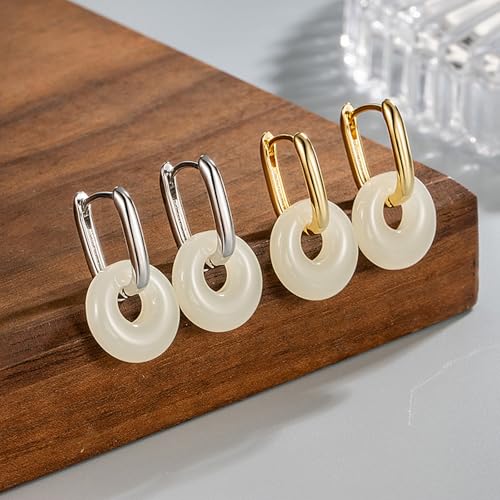 Jade Earrings for Women Chunky Hoop Double Hoop Jade Dangle Earrings Crystal Huggie Jewelry - color: A2:silver white jade earrings