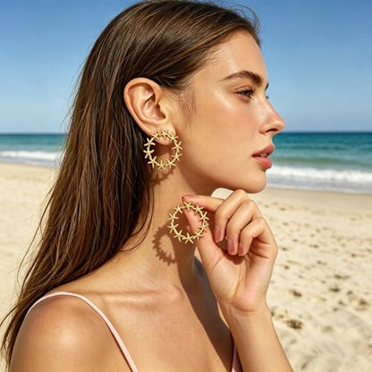 Gold Statement Earrings For Women, 14K Gold Plated Textured Geometric Drop Earrings - Hypoallergenic Stainless Steel Statement Earrings for Women, Waterproof Fan-Shaped Dangle Earrings for Beach & Daily Wear - color: Starfish DKE252030GL