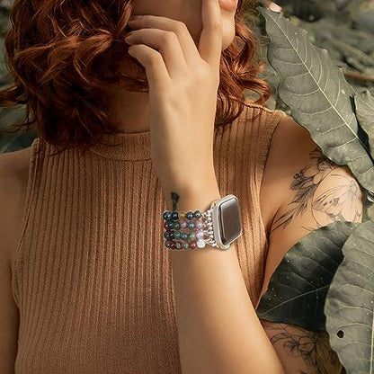Newlibery Natural Stone Bracelet Beaded-Band Women Compatible with Apple Watch 42mm(S3/2/1) 44/45/46/49mm Feminine Handmade Stretch Strap for iWatch Series 11/10/9/8/7/6/5/4/3/2/1 SE 3/2/1 Ultra1/2/3 - color: A1 Indian Agate, size: 46(s10/11)/49/45/44/42m